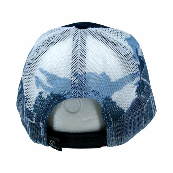 back view of trucker hat with campus buildings on back mesh